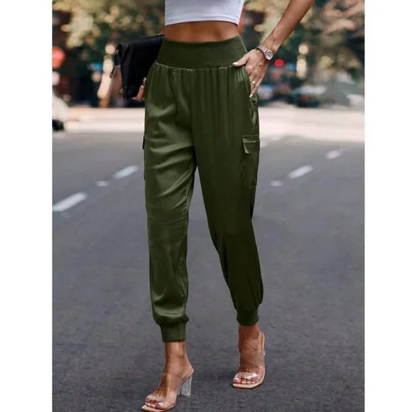 Luxe Look Satin Pocketed High Waist Joggers - Army Green - Picture 1 of 6